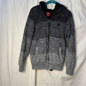Guess hooded zip-up sweater in a black and grey color block ombre Heavy knit Med